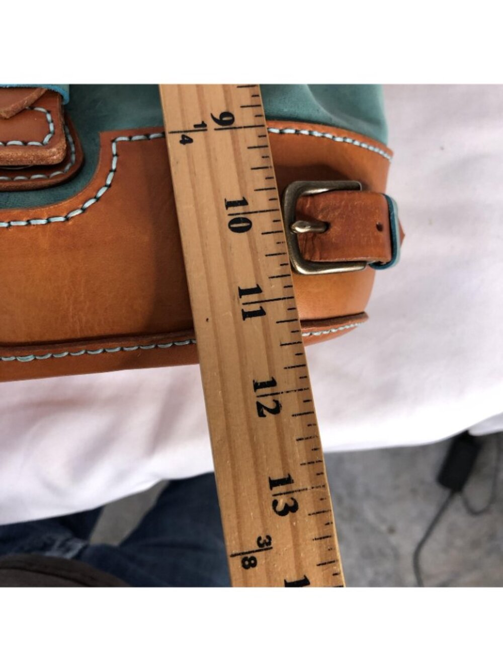 Bespoke Backpack Bag Womens Small Turquoise Brown Leather Boho Drawstring Casual - Picture 9 of 16